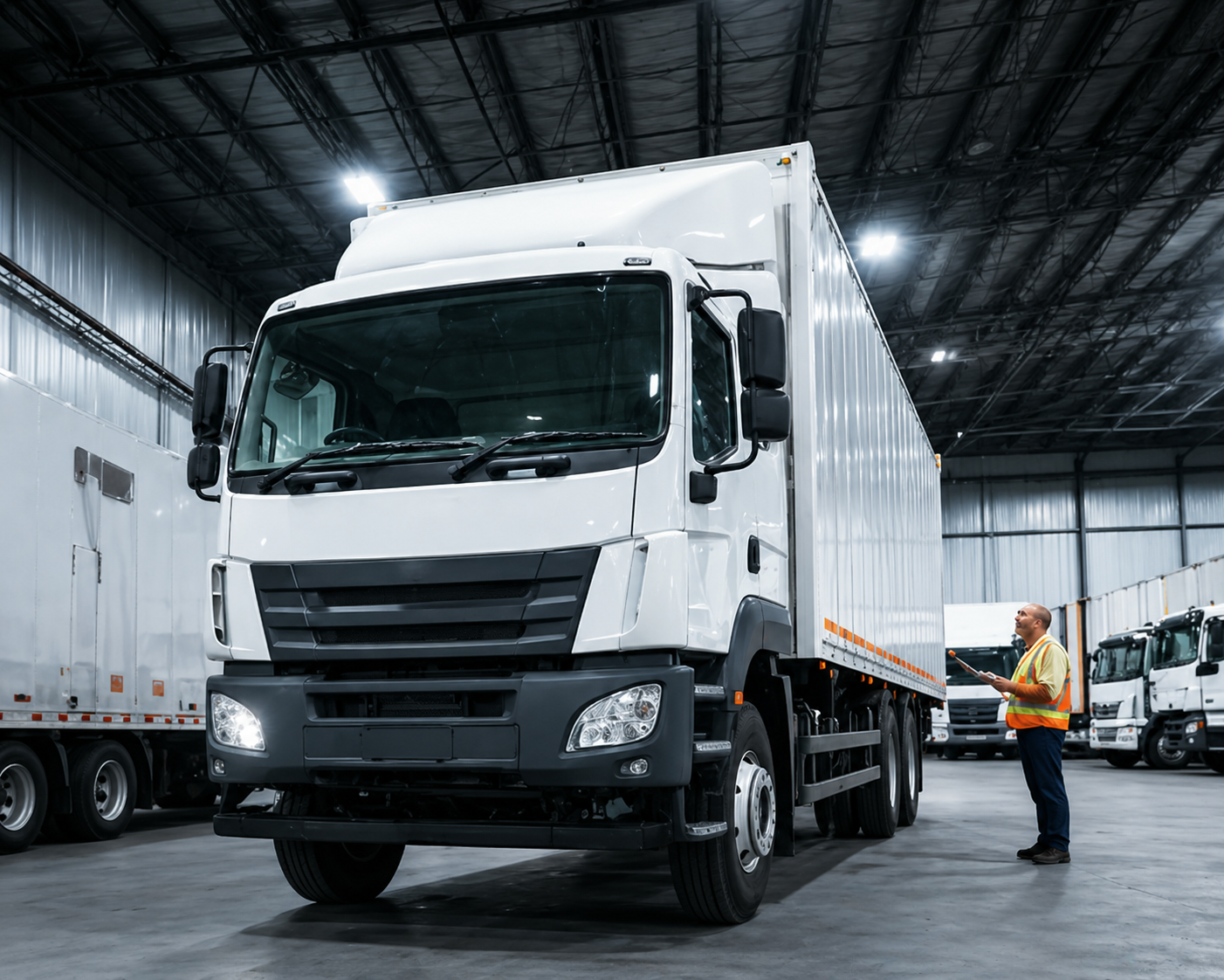Global Group driver inspecting a finished vehicle inside a covered logistics yard