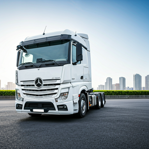 Modern white logistics truck on a highway with a city skyline behind it