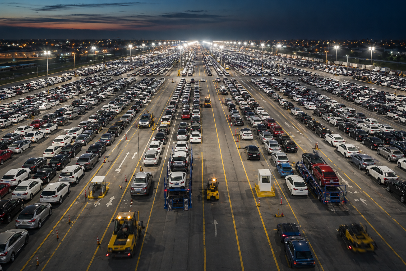 Professional drivers moving finished vehicles inside a lit stockyard