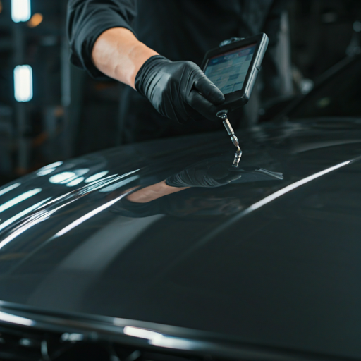 Technician detailing a vehicle body panel before shipment
